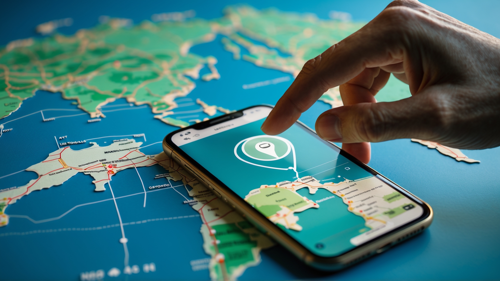 Mão interagindo com um smartphone que exibe um mapa digital, sobre uma superfície de mapa físico representando diferentes regiões do mundo, enfatizando o uso de tecnologia para navegação.