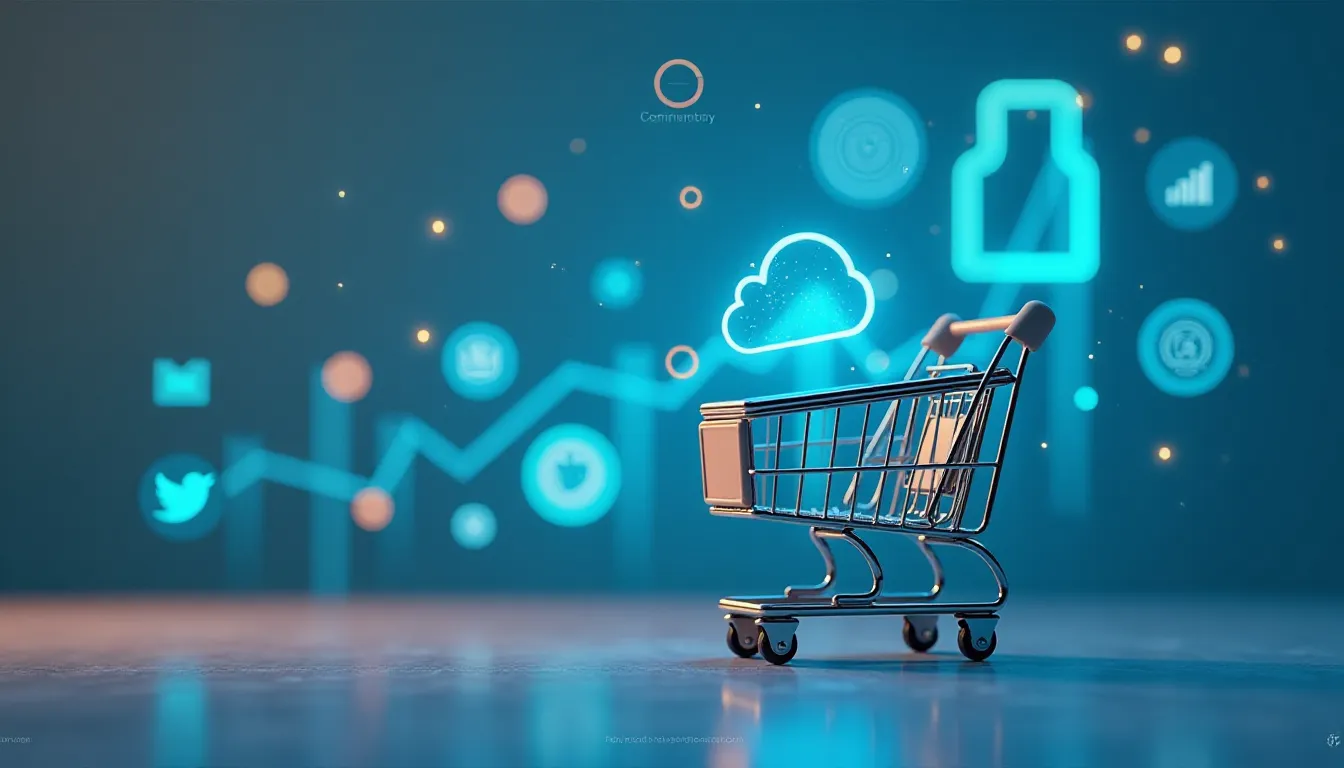 Carrinho de compras em um fundo azul com ícones digitais representando comércio eletrônico, redes sociais e dados, simbolizando a conexão entre compras online e tecnologia.