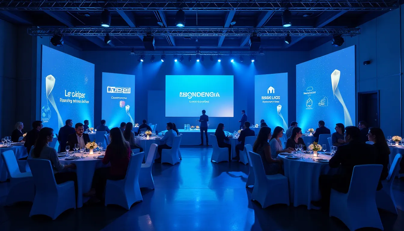 Evento elegante com mesas decoradas e iluminação azul, apresentando telas digitais com logotipos e informações. Participantes desfrutam de um jantar em um ambiente sofisticado e moderno.
