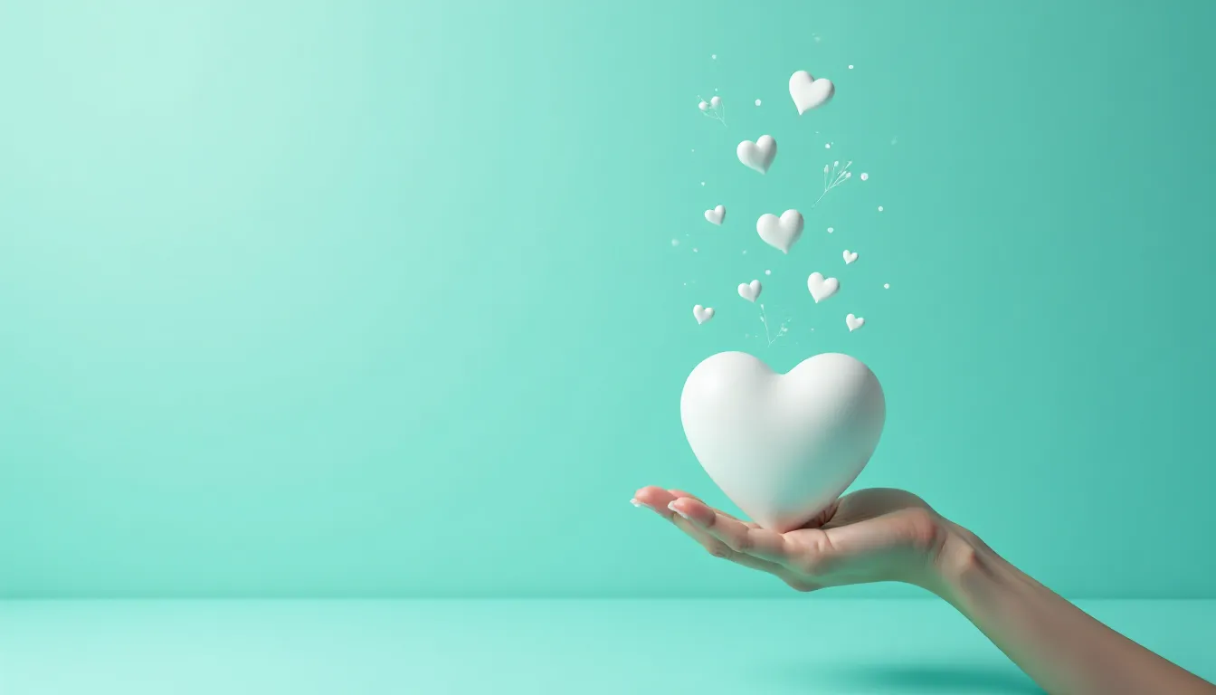 Uma mão segurando um coração branco sobre um fundo azul-piscina, com pequenos corações brancos flutuando acima, simbolizando amor e afeto.