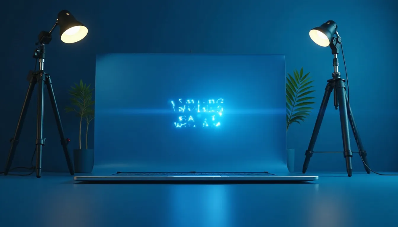 Ambiente moderno de escritório com fundo azul, laptop aberto em destaque e iluminação suave de lâmpadas. Elementos decorativos incluem plantas em vasos, criando uma atmosfera criativa e inspiradora para trabalho e design digital.