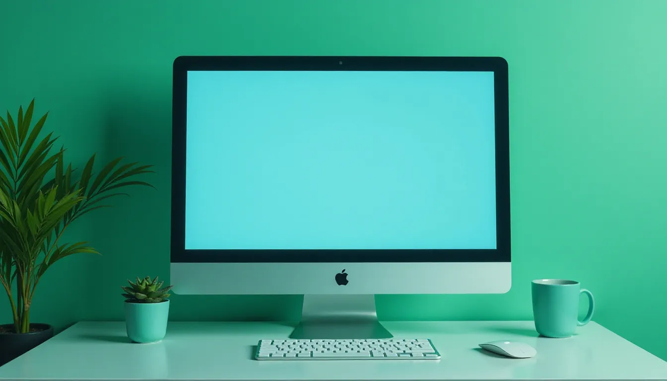 Computador Apple iMac com tela vazia, teclado e mouse brancos, decorado com plantas em vasos e uma caneca em uma mesa, contra um fundo verde claro.