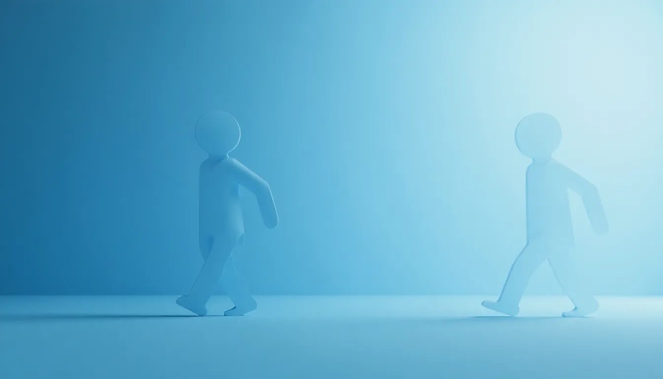 Figuras humanas estilizadas caminhando em um fundo azul suave, representando movimento e interação. Ideal para temas de amizade, relacionamentos ou dinâmica social.