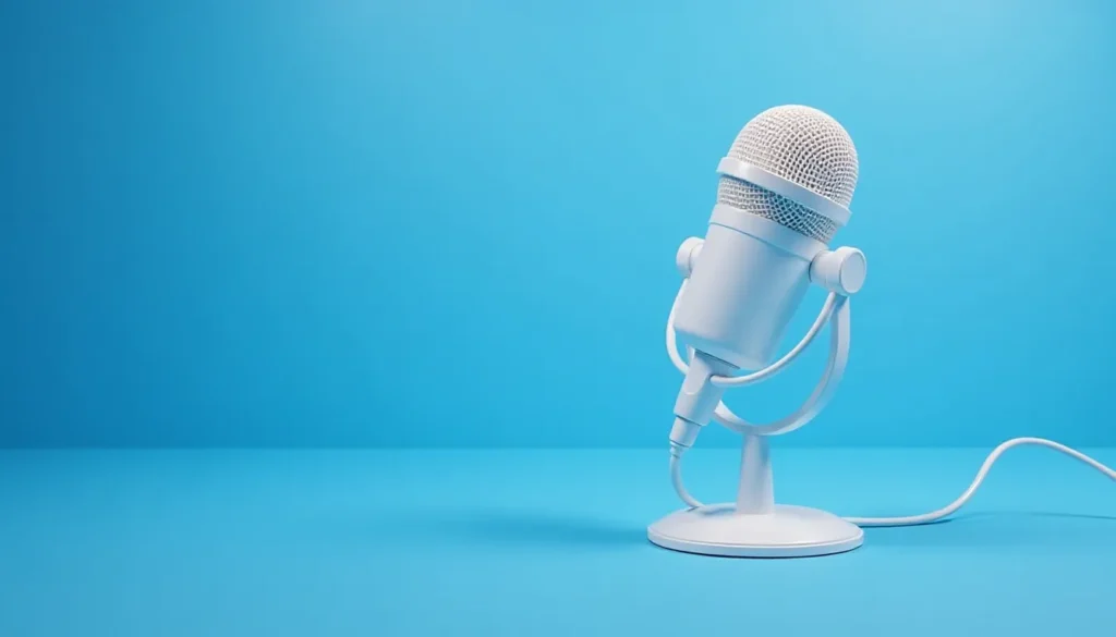 Microfone de mesa com fundo azul, ideal para gravações de áudio, podcasts e transmissões ao vivo. O design é moderno e minimalista, destacando a malha protetora na parte superior.