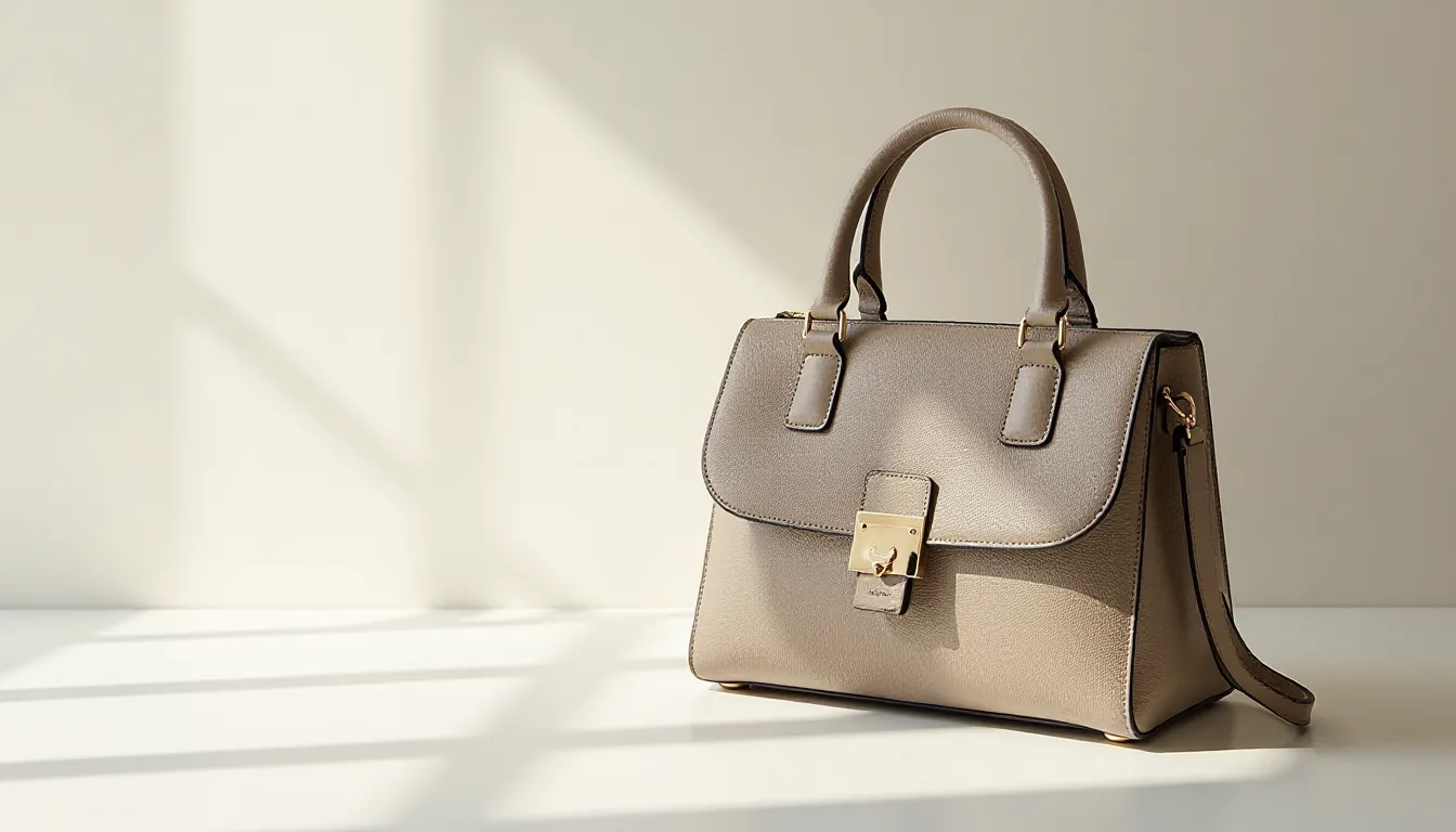 Bolsa de couro em tom bege, com alça de mão e detalhes em dourado, colocada sobre uma superfície clara com luz natural, destacando seu design elegante.