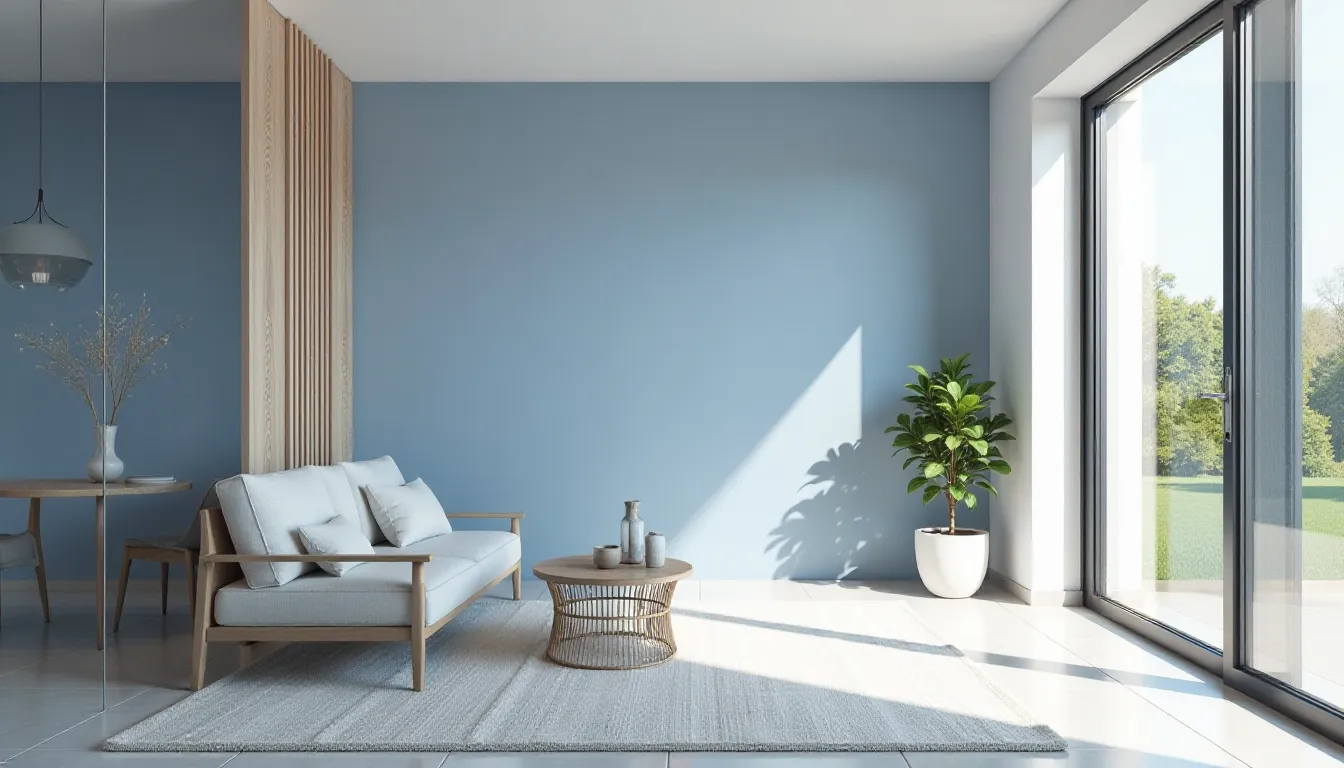 Sala de estar moderna com sofá claro, mesa de centro de vime e planta em vaso, decorada com parede azul e grande janela que permite a entrada de luz natural.