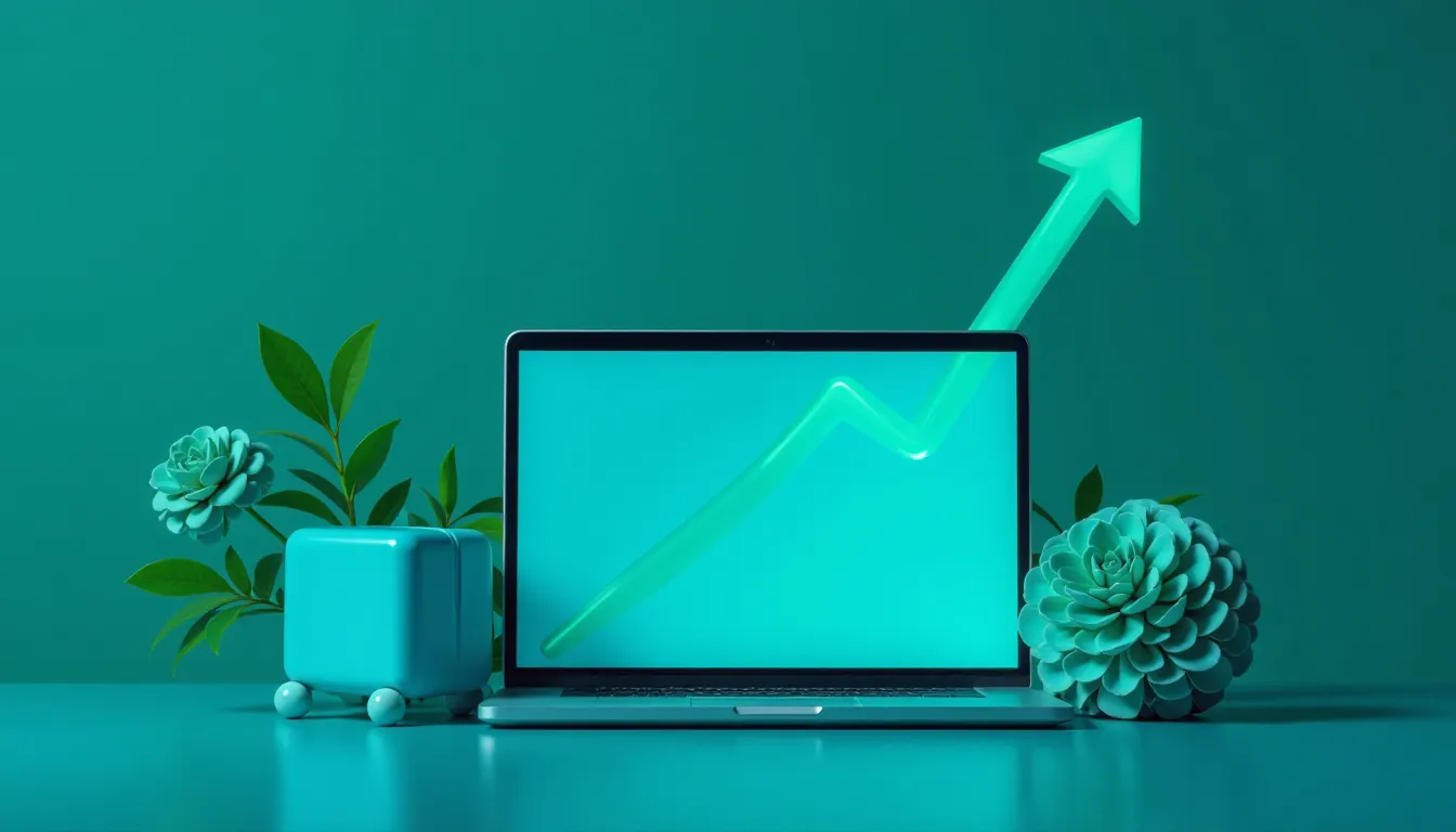 Laptop exibindo gráfico de crescimento em um fundo verde, rodeado por plantas e decorativos em tons de azul. Ideal para temas de tecnologia e desenvolvimento de negócios.