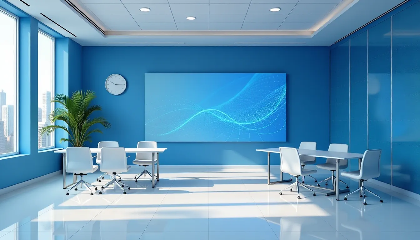 Sala de reuniões moderna com paredes azuis, televisão de tela grande exibindo padrões digitais e mesas brancas com cadeiras confortáveis. A iluminação natural entra pelas janelas e uma planta adiciona um toque de verde ao ambiente.