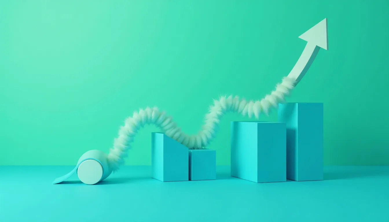 Gráfico em 3D em tons de azul, apresentando barras verticais e uma seta ascendente, simbolizando crescimento e sucesso. Fundo em verde claro.