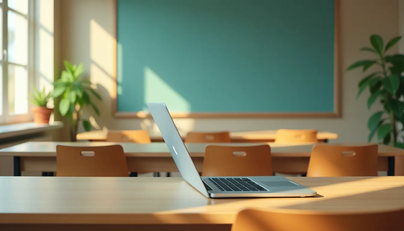 Ambiente de sala de aula iluminada, com mesas de madeira, cadeiras laranjas e um laptop prateado aberto na mesa, criando um cenário propício para estudos e aprendizado.