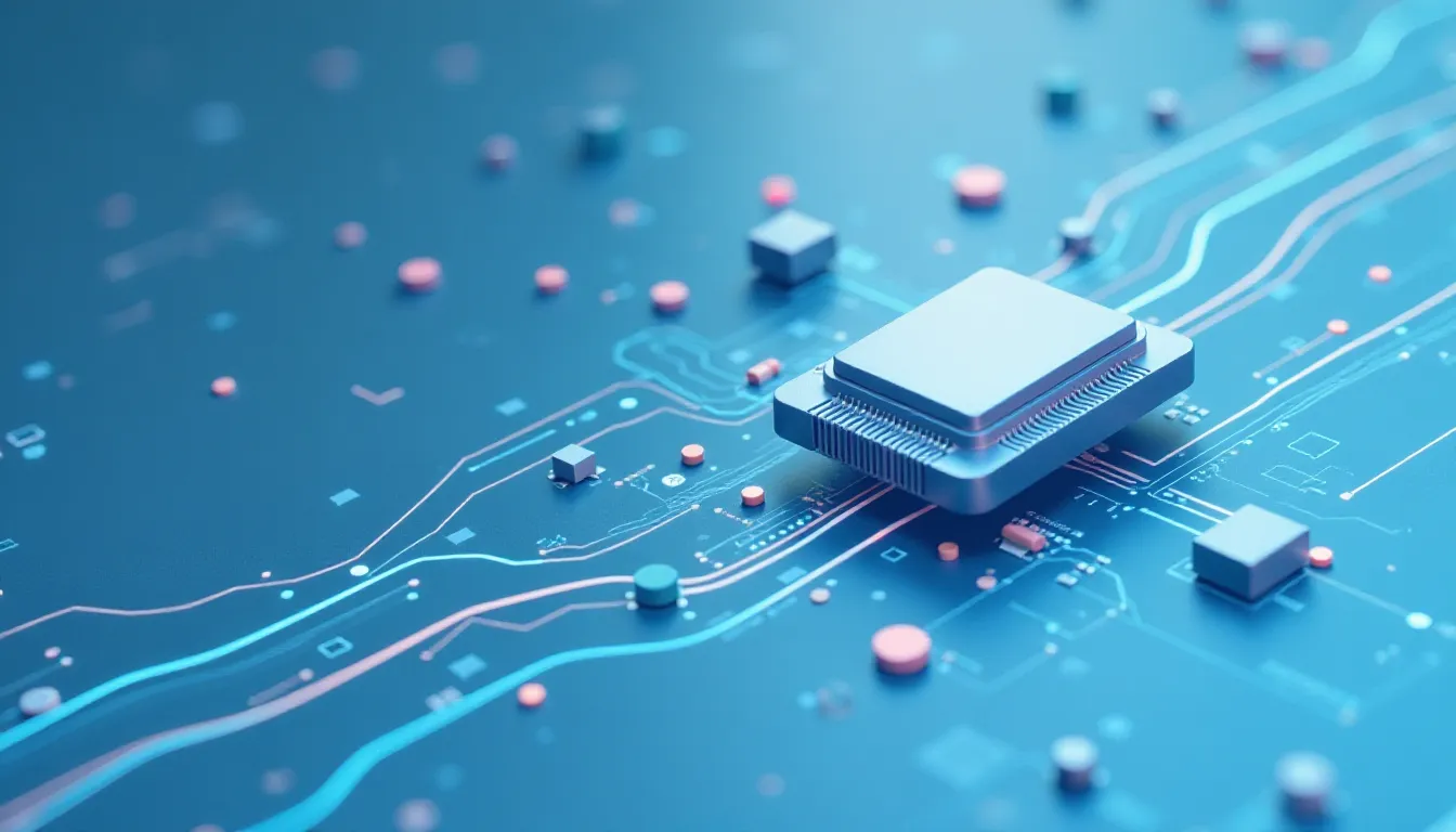 Circuito integrado em fundo azul com conexões e componentes eletrônicos coloridos, ilustrando a tecnologia de microprocessadores.