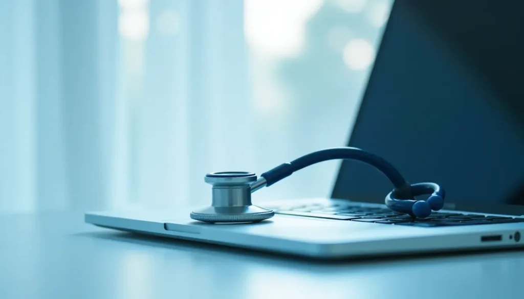 Estetoscópio sobre um laptop em um ambiente moderno de trabalho, simbolizando a integração da tecnologia na área da saúde.