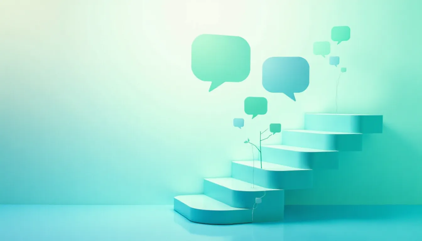Escadas brancas com balões de diálogo flutuantes em um ambiente minimalista, simbolizando comunicação e crescimento.