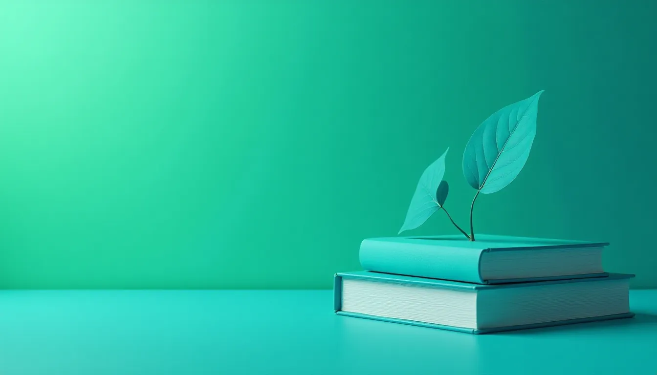 Dois livros empilhados em tons de azul com folhas verdes brotando de cima, sobre um fundo verde vibrante. Ideal para temas relacionados a leitura, natureza e sustentabilidade.
