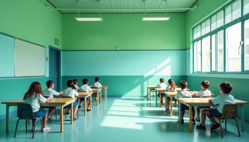 Sala de aula com crianças sentadas em mesas, com paredes em tons de verde e iluminação natural entrando pelas janelas.