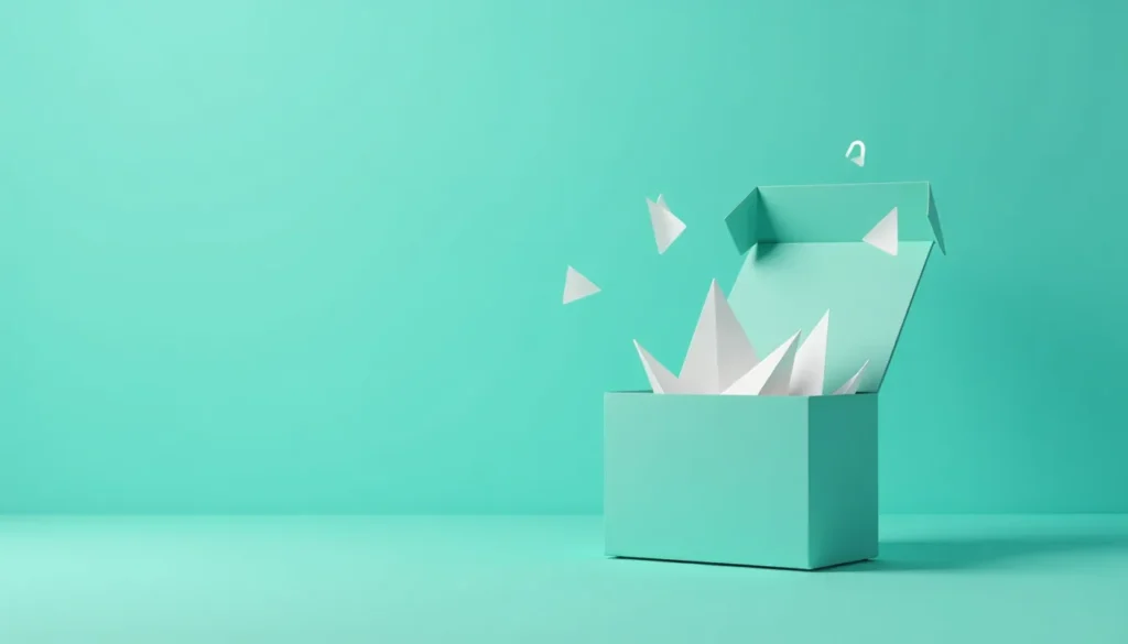 Caixa aberta em um fundo verde-água, com formas de papel branco saindo de dentro, simbolizando criatividade e inovação.