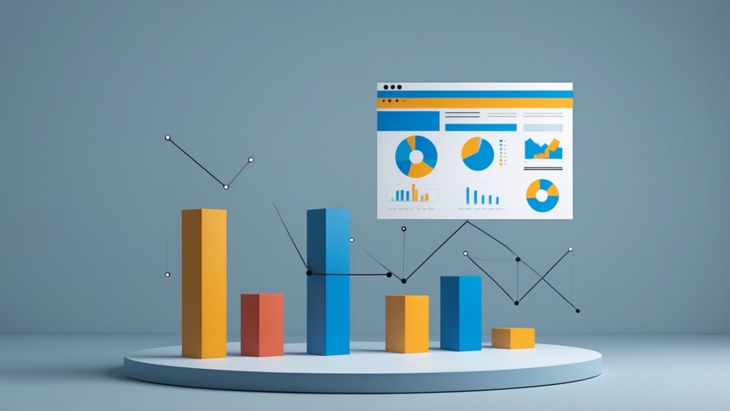 Gráfico em 3D com barras coloridas em amarelo, azul e vermelho, apresentando análise de dados e tendências, acompanhado de uma tela informativa com gráficos circulares e de barras, ideal para representações de desempenho empresarial e análise estatística.