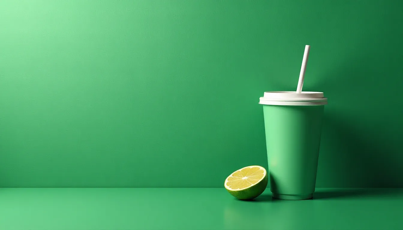 Copo verde com tampa e canudo ao lado de uma fatia de limão, sobre fundo verde liso, ideal para representação de bebidas refrescantes e saudáveis.