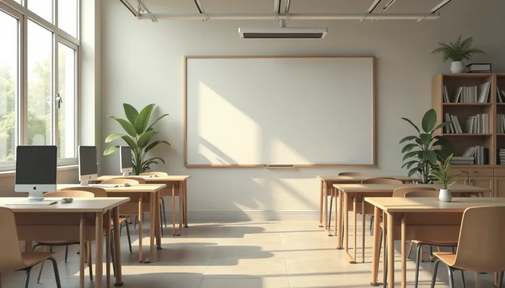 Sala de aula moderna com mesas de madeira e computadores, janelas amplas permitindo entrada de luz natural, plantinhas decorativas e um quadro branco ao fundo. Ambiente ideal para aprendizado e criatividade.