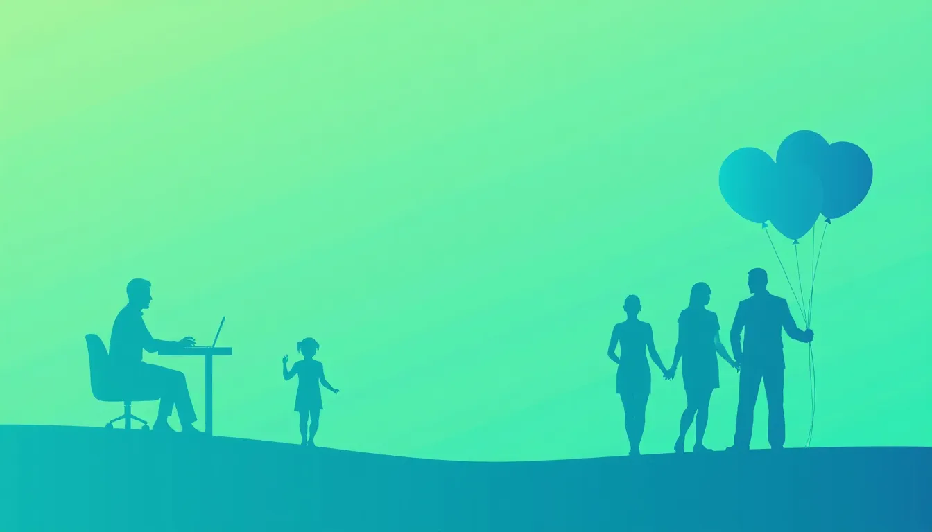 Silhuetas de uma pessoa trabalhando no computador, uma criança brincando e um casal segurando balões, em um fundo gradiente azul e verde, simbolizando a conciliação entre trabalho e vida familiar.