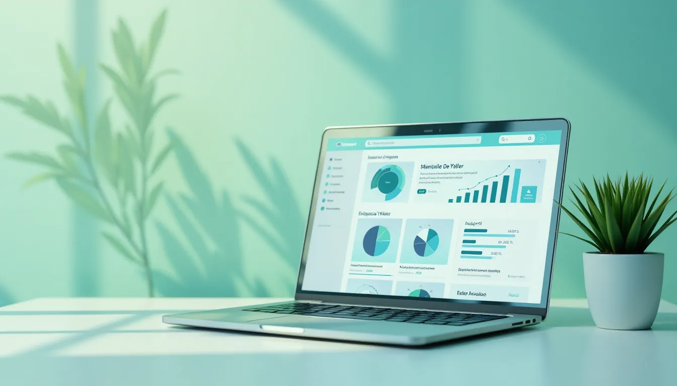 Laptop aberto exibindo gráficos analíticos em um ambiente de trabalho moderno, com folhas de planta ao fundo e mesas brancas. Ideal para ilustrar temas de tecnologia, produtividade e análise de dados.