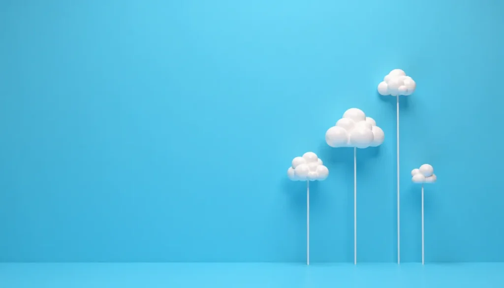 Céu azul com nuvens brancas em diferentes alturas, representando um design moderno e minimalista. Ideal para temas de criatividade, sonhos e conceito de leveza.