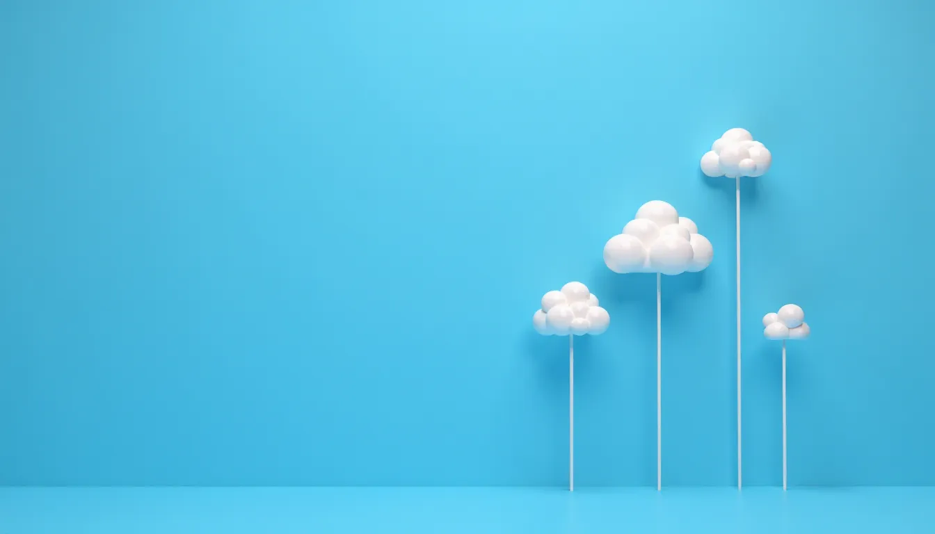 Céu azul com nuvens brancas em diferentes alturas, representando um design moderno e minimalista. Ideal para temas de criatividade, sonhos e conceito de leveza.