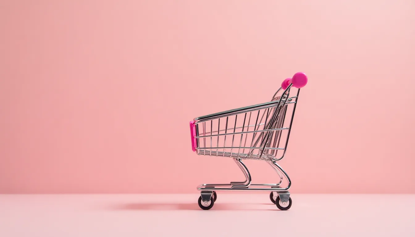 Carrinho de compras moderno em um fundo rosa pastel, representando compras e comércio eletrônico.