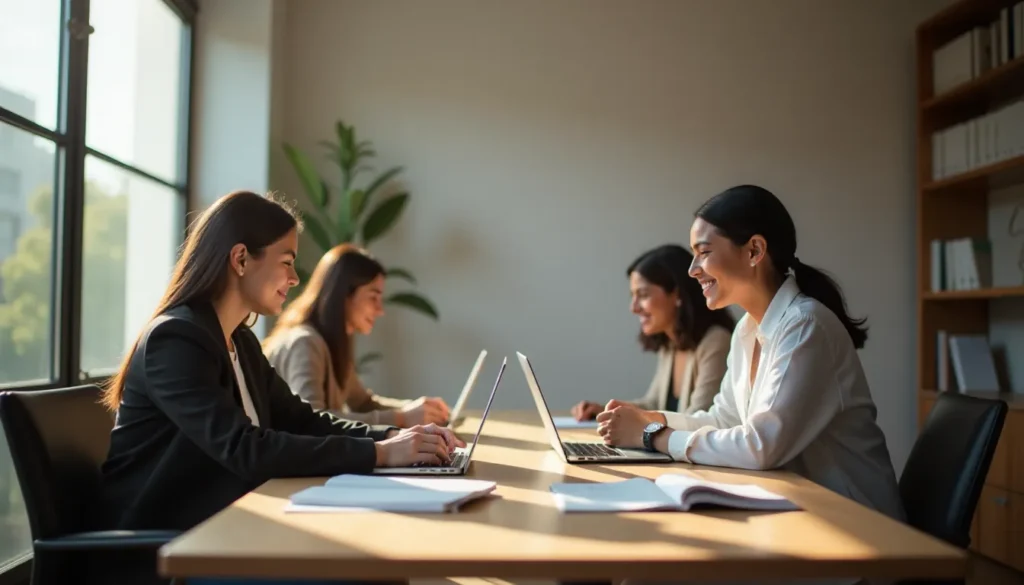 Quatro mulheres trabalhando em um ambiente de escritório moderno, utilizando laptops e colaborando em projetos, rodeadas por um espaço iluminado e paredes com estantes.