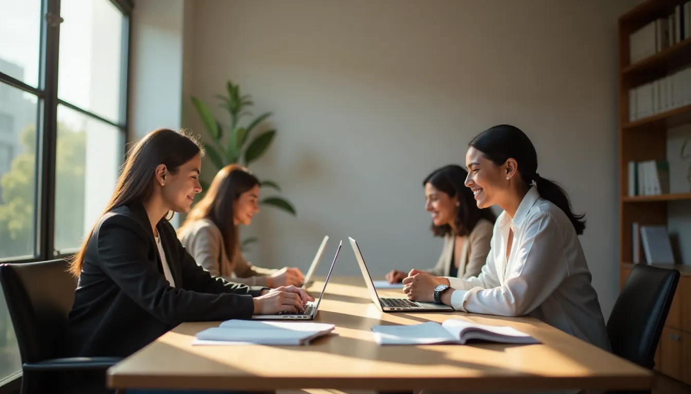 Quatro mulheres trabalhando em um ambiente de escritório moderno, utilizando laptops e colaborando em projetos, rodeadas por um espaço iluminado e paredes com estantes.