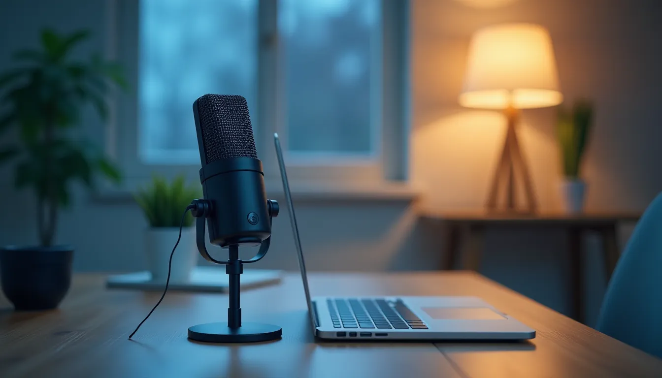 Microfone profissional em um ambiente de escritório moderno, ao lado de um laptop, com iluminação suave e plantas ao fundo. Ideal para gravações de áudio ou podcasts.