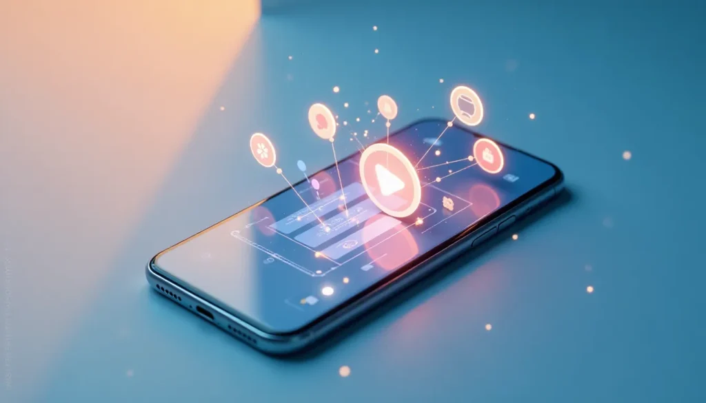 Imagem de um smartphone com ícones de mídia em 3D flutuando acima da tela, representando interatividade digital e consumo de conteúdo multimídia.