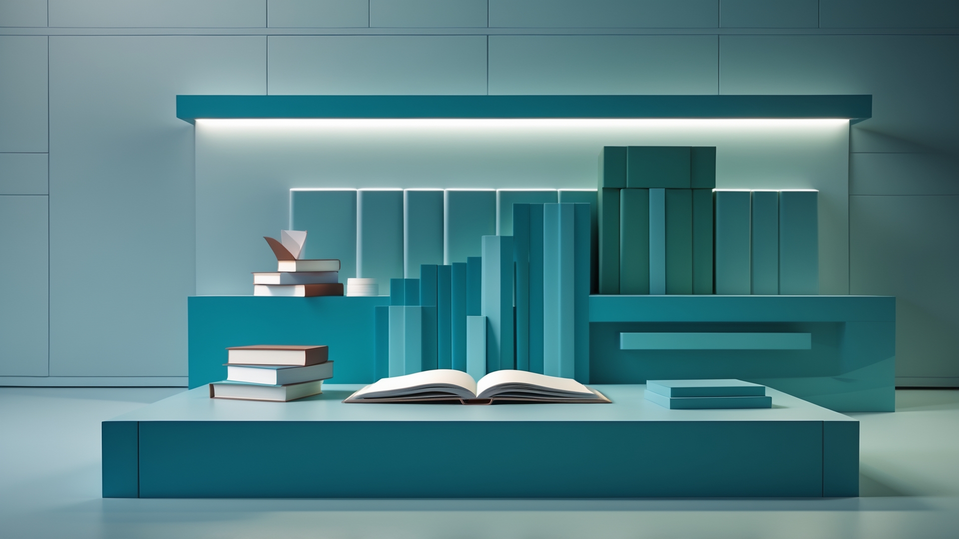 Estante moderna em tons de azul, com livros empilhados, uma caixa metálica, e um livro aberto ao centro, criando um ambiente de leitura estiloso e contemporâneo.