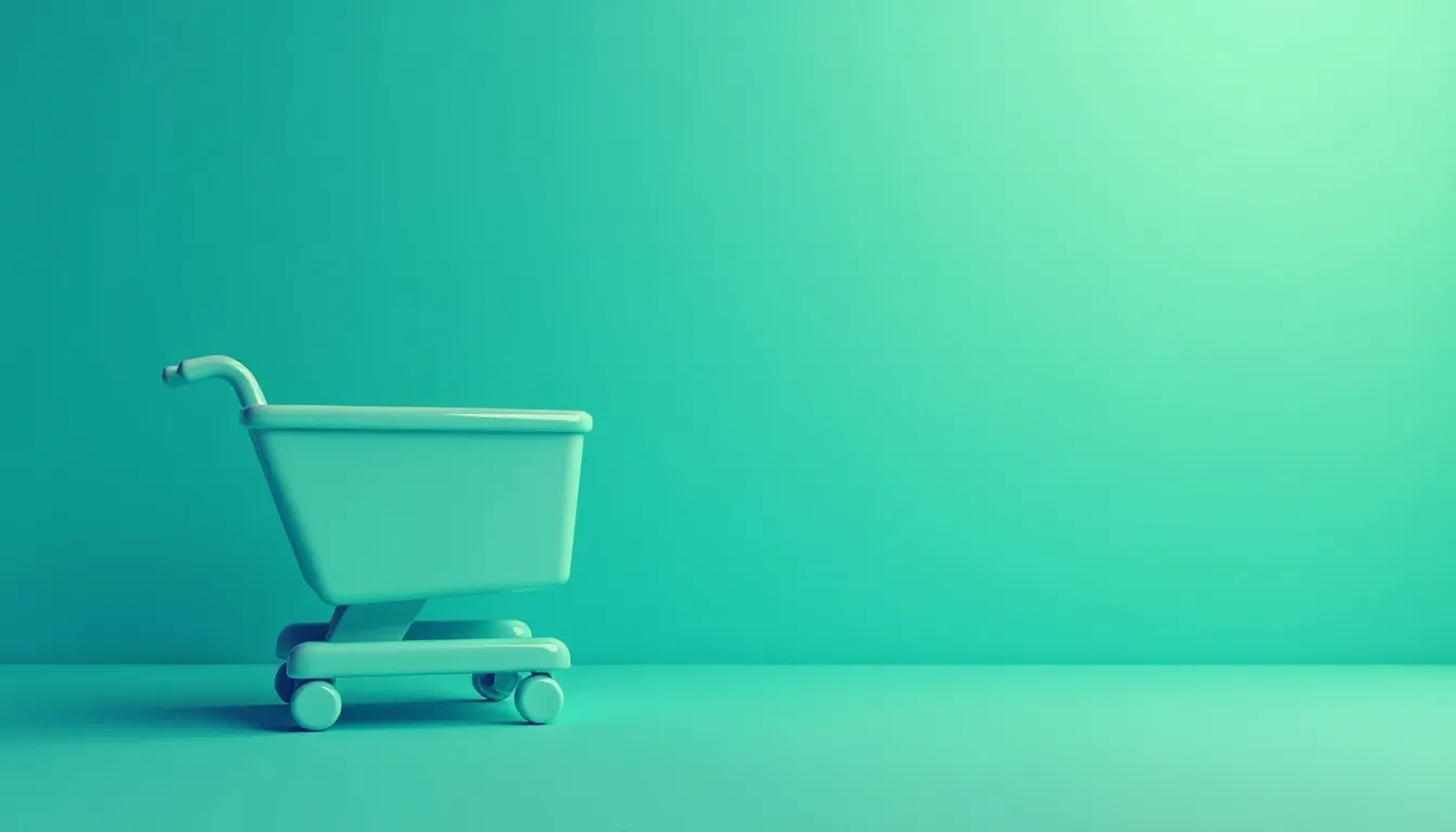 Carrinho de compras em um fundo verde suave, representando o conceito de compras online e comércio eletrônico. Ideal para ilustrações relacionadas a vendas, lojas virtuais e tendências de consumo.