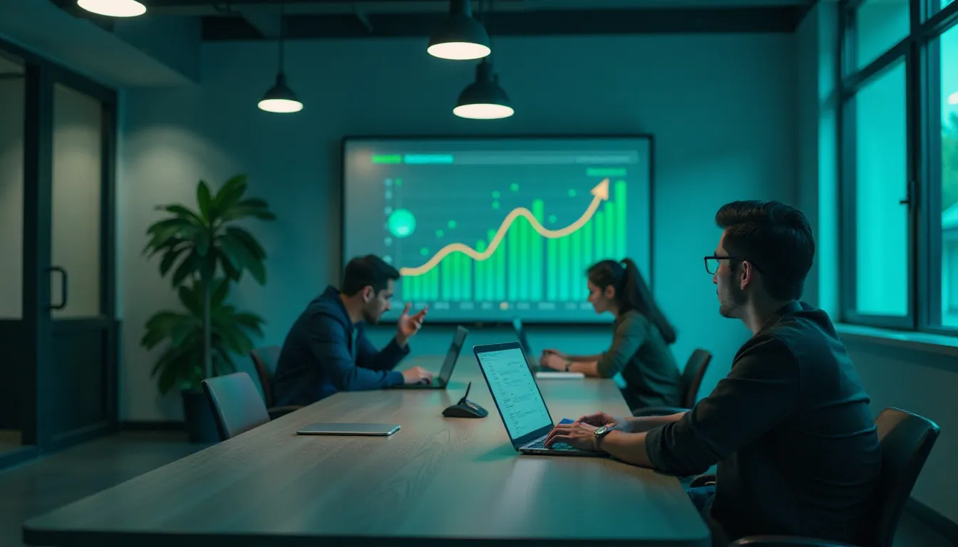 Reunião em ambiente corporativo com três profissionais discutindo gráficos de desempenho em um projetor, enquanto um quarto membro analisa dados em um laptop. A iluminação suave e as plantas ao fundo criam um ambiente moderno e colaborativo.