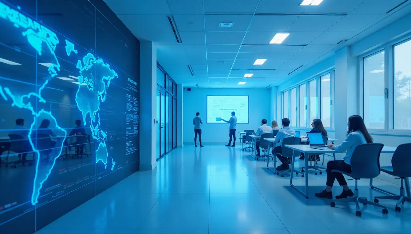 Sala de reunião moderna com apresentação em tela, onde um apresentador interage com o público. O ambiente possui uma parede com mapa do mundo em azul e várias pessoas trabalhando em laptops. A decoração é minimalista e iluminada, promovendo um espaço colaborativo.