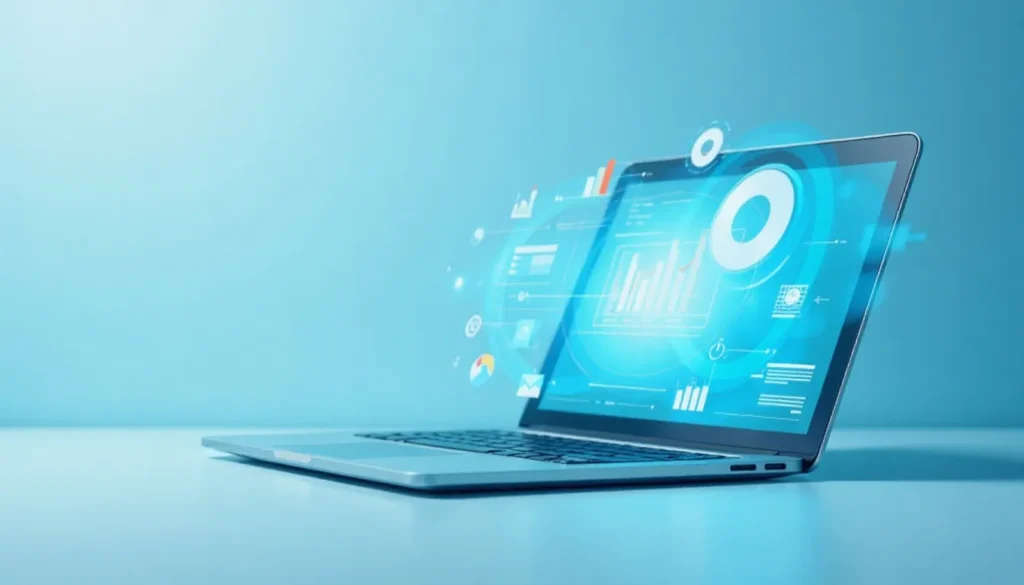Notebook moderno exibindo gráficos e dados digitais em um fundo azul, representando análise de dados e tecnologia.