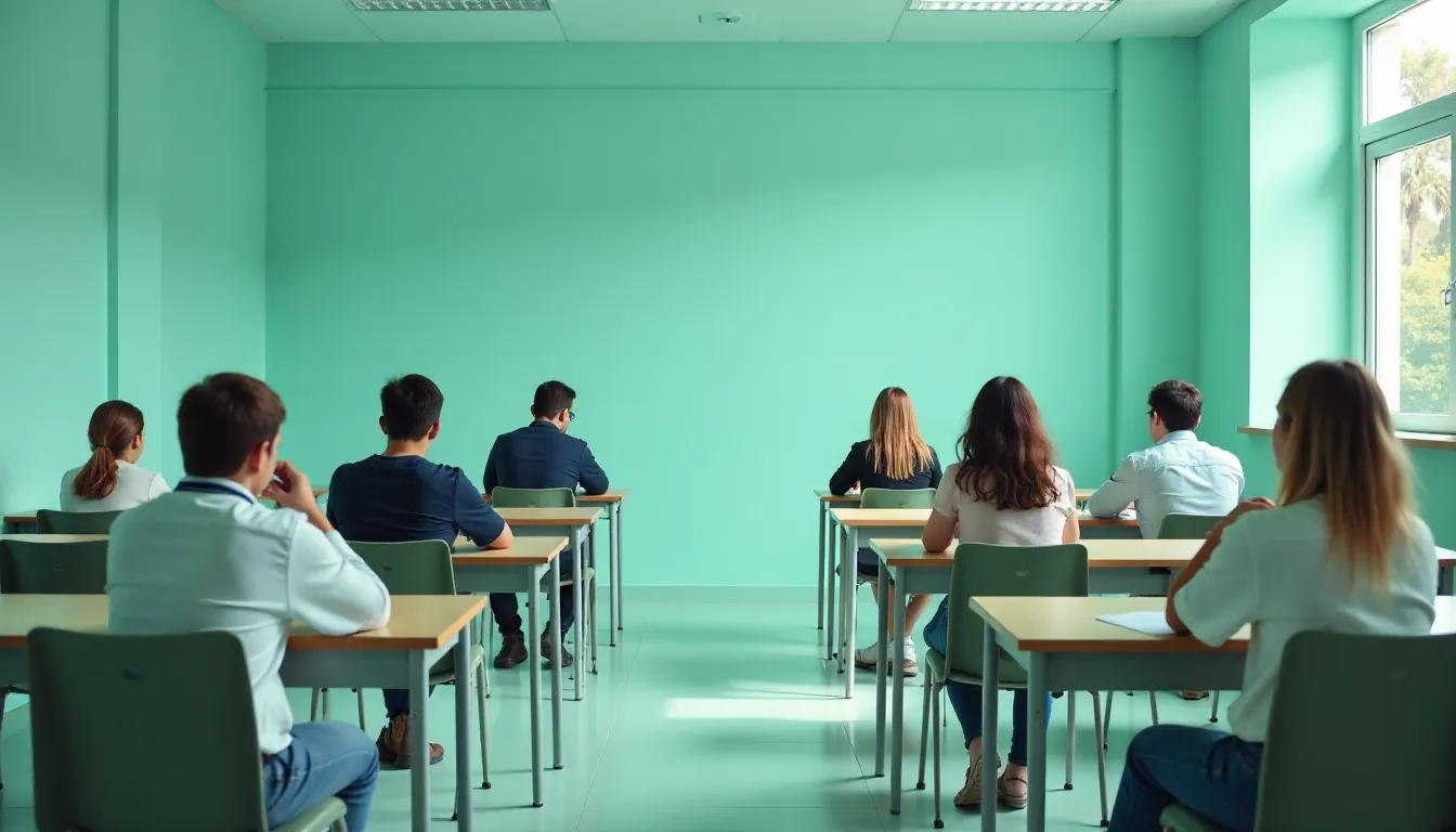 Sala de aula com alunos sentados em mesas, voltados para uma parede azul clara, enfatizando um ambiente de aprendizado.