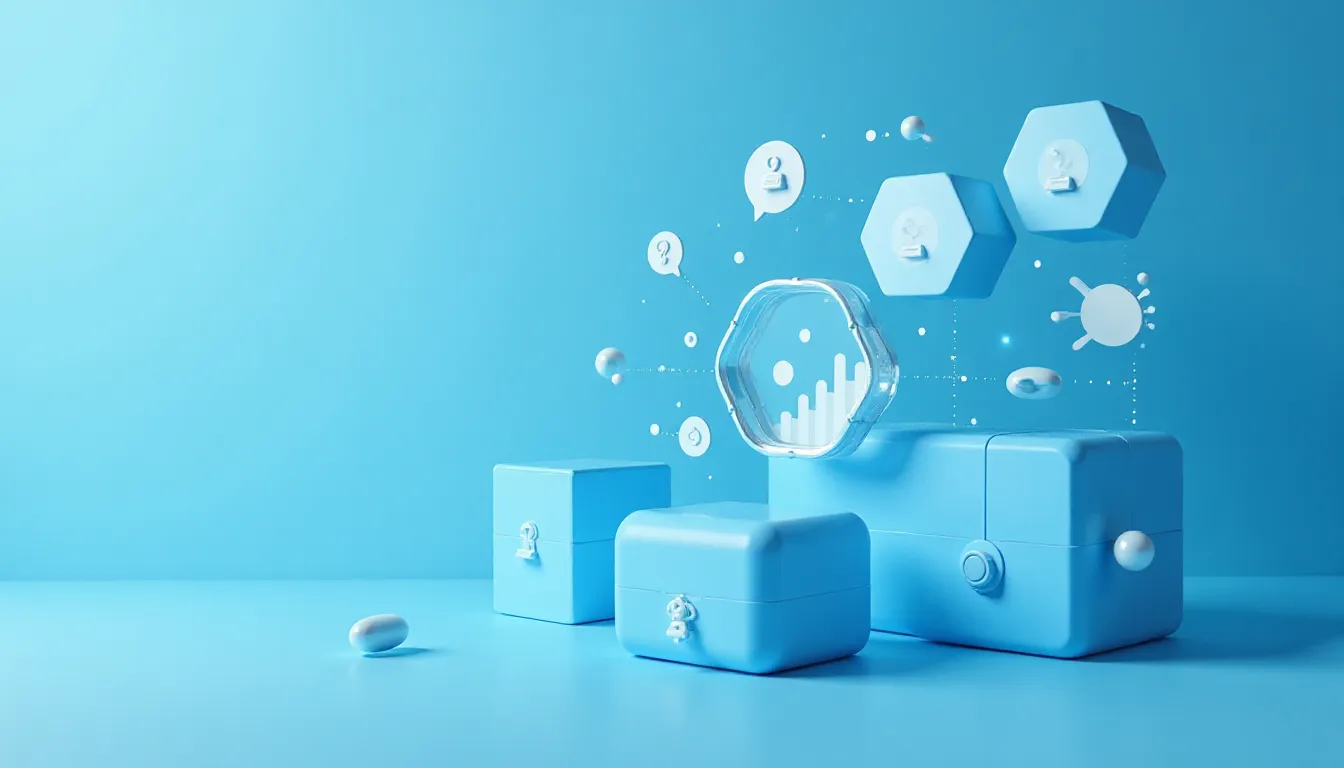 Imagem de fundo azul com objetos cúbicos azuis e ícones flutuantes representando dados e estatísticas, simbolizando análise e tecnologia digital.