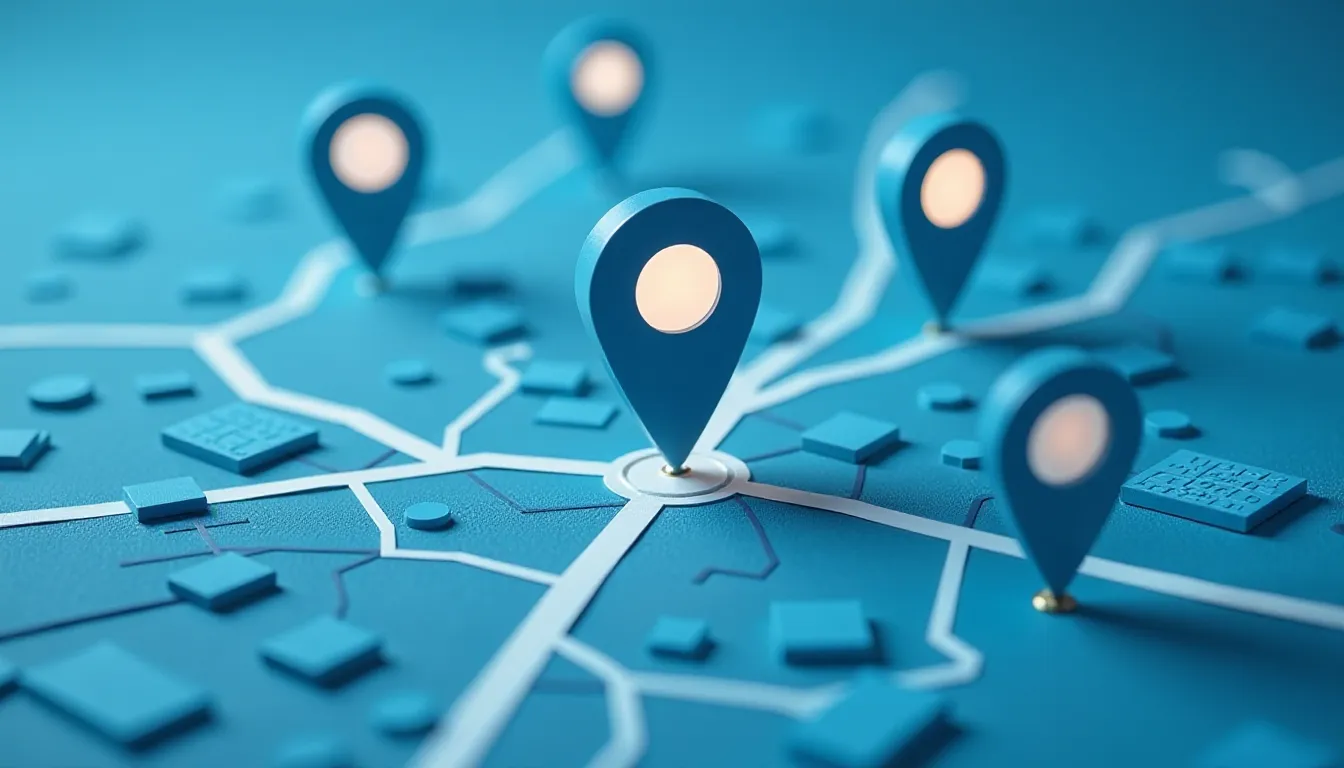 Imagem de um mapa com marcadores de localização em azul, mostrando quadros e rotas. Ideal para ilustrações sobre navegação, geolocalização ou aplicativos de mapas.