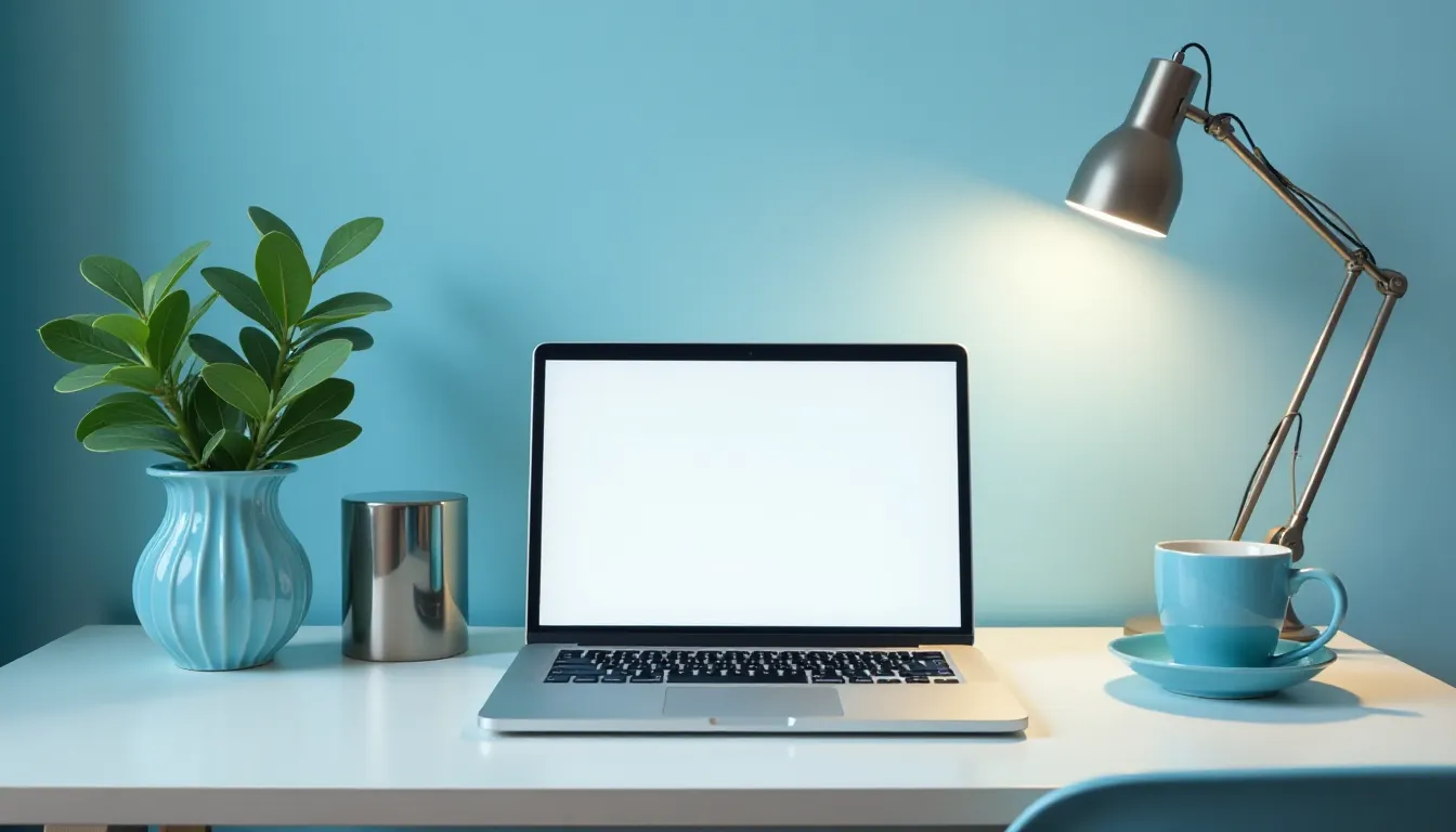 Escrivaninha minimalista com laptop prateado de tela vazia, vaso azul com planta verde, caneca azul e luminária contemporânea sobre fundo azul. Ideal para home office ou decoração de ambiente de trabalho.