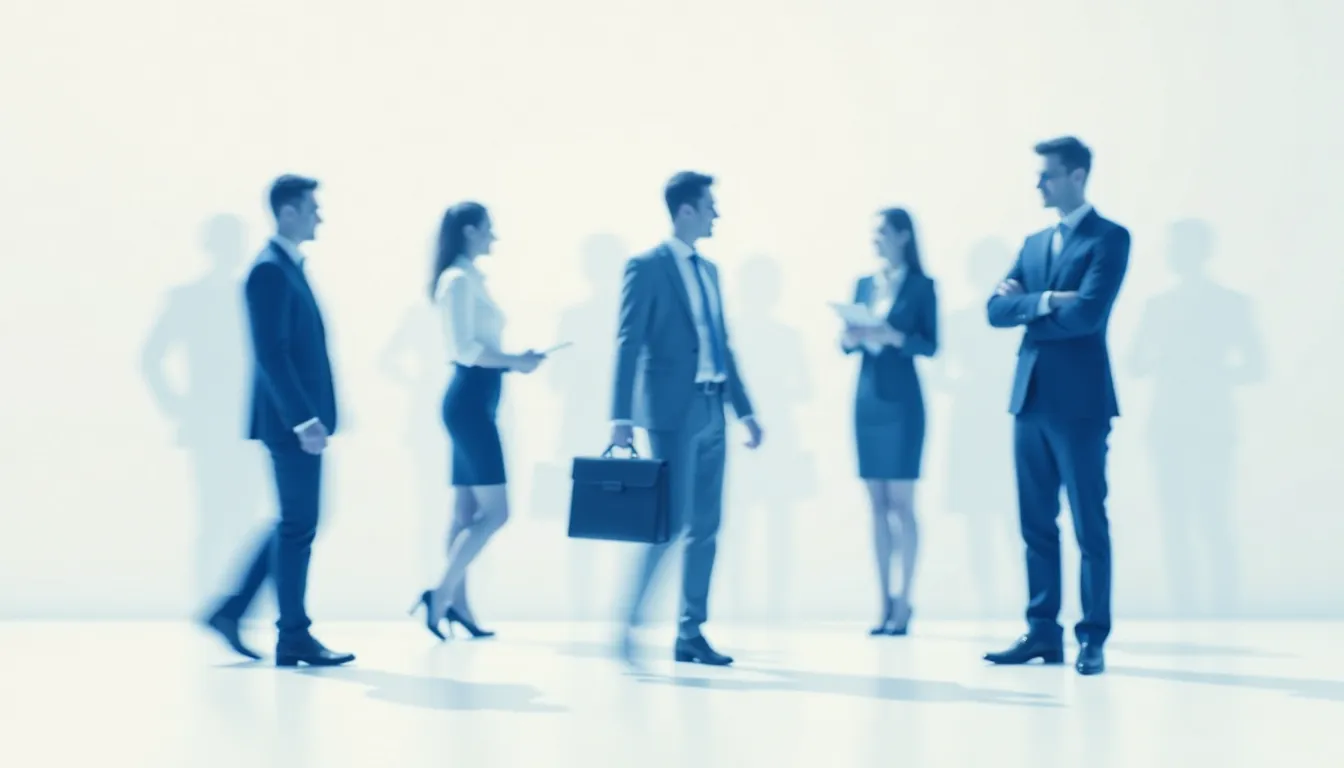 Grupo de profissionais em traje negócios conversando em ambiente de escritório com fundo claro. Há homens e mulheres interagindo, alguns com documentos e um homem carregando uma maleta. A imagem evoca um ambiente corporativo dinâmico e colaborativo.