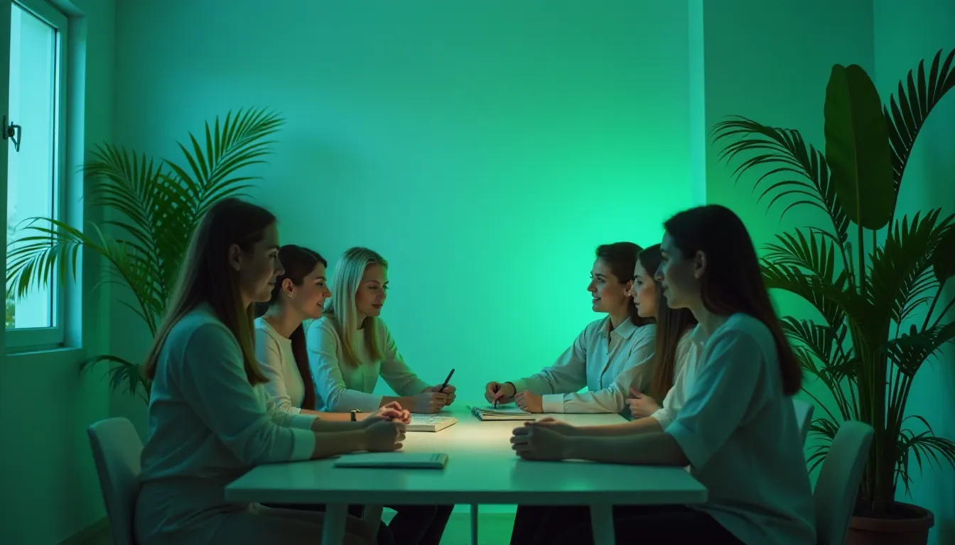 Reunião de equipe feminina em ambiente iluminado por luz verde, com foco em colaboração e discussão ao redor de uma mesa. Plantas decorativas ao fundo.