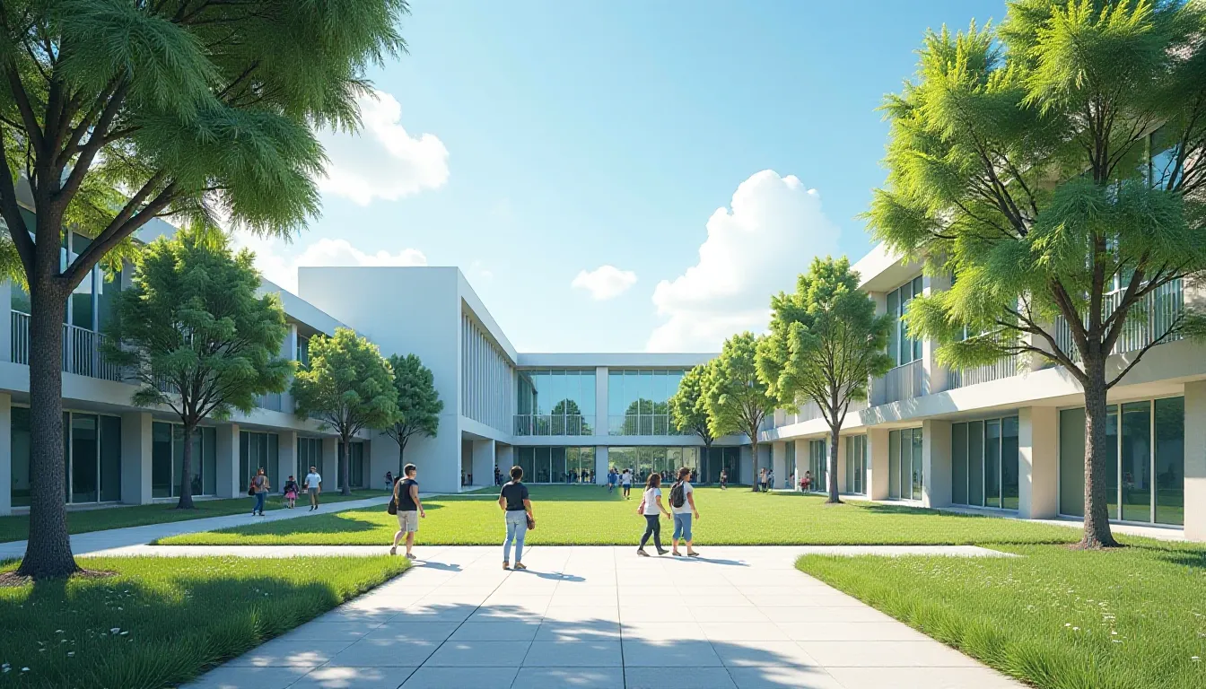 Vista de um campus moderno com edifícios de design contemporâneo, áreas verdes e árvores. Alunos caminham pelos caminhos de pedra em um espaço ao ar livre iluminado pelo sol, ideal para atividades ao ar livre e convívio social.