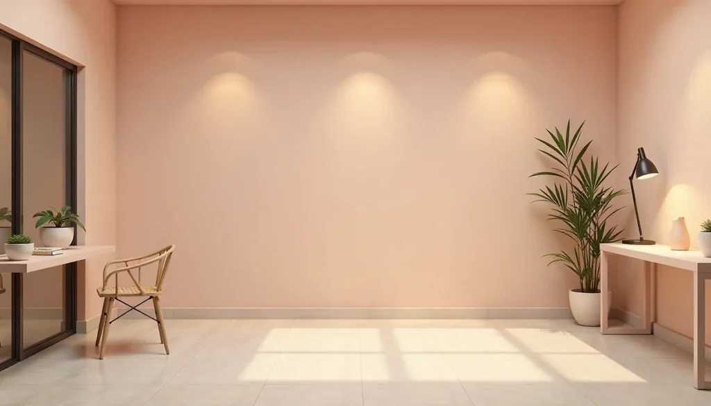 Ambiente moderno e minimalista com paredes em tom rosa, mesa de trabalho, cadeira de madeira e plantas decorativas em ambiente iluminado.