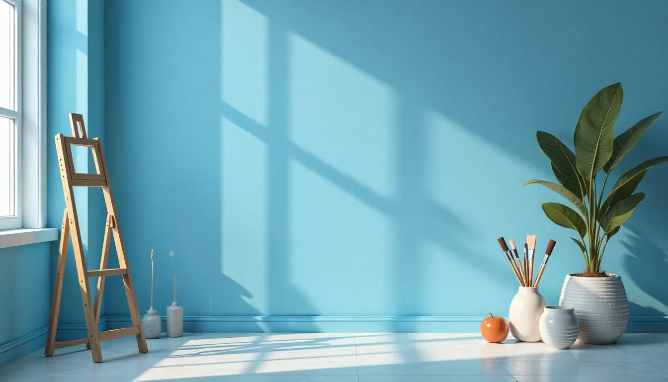 Ambiente minimalista com parede azul claro, um cavalete de madeira, vasos decorativos com pincéis, uma planta verde e uma maçã laranja no chão, iluminado pela luz natural.