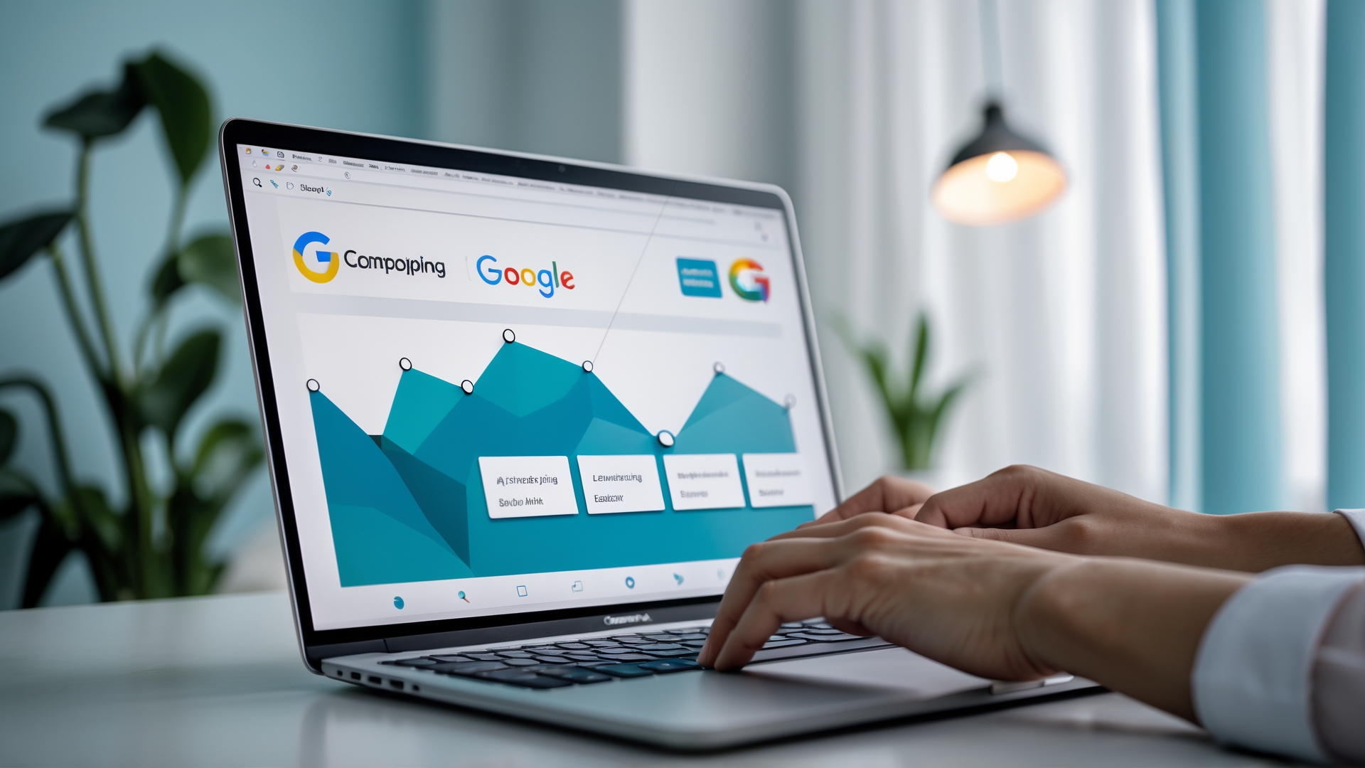 Mão digitando em um laptop com gráficos coloridos e logotipos do Google e Compoiping na tela, em um ambiente de escritório moderno e bem iluminado.