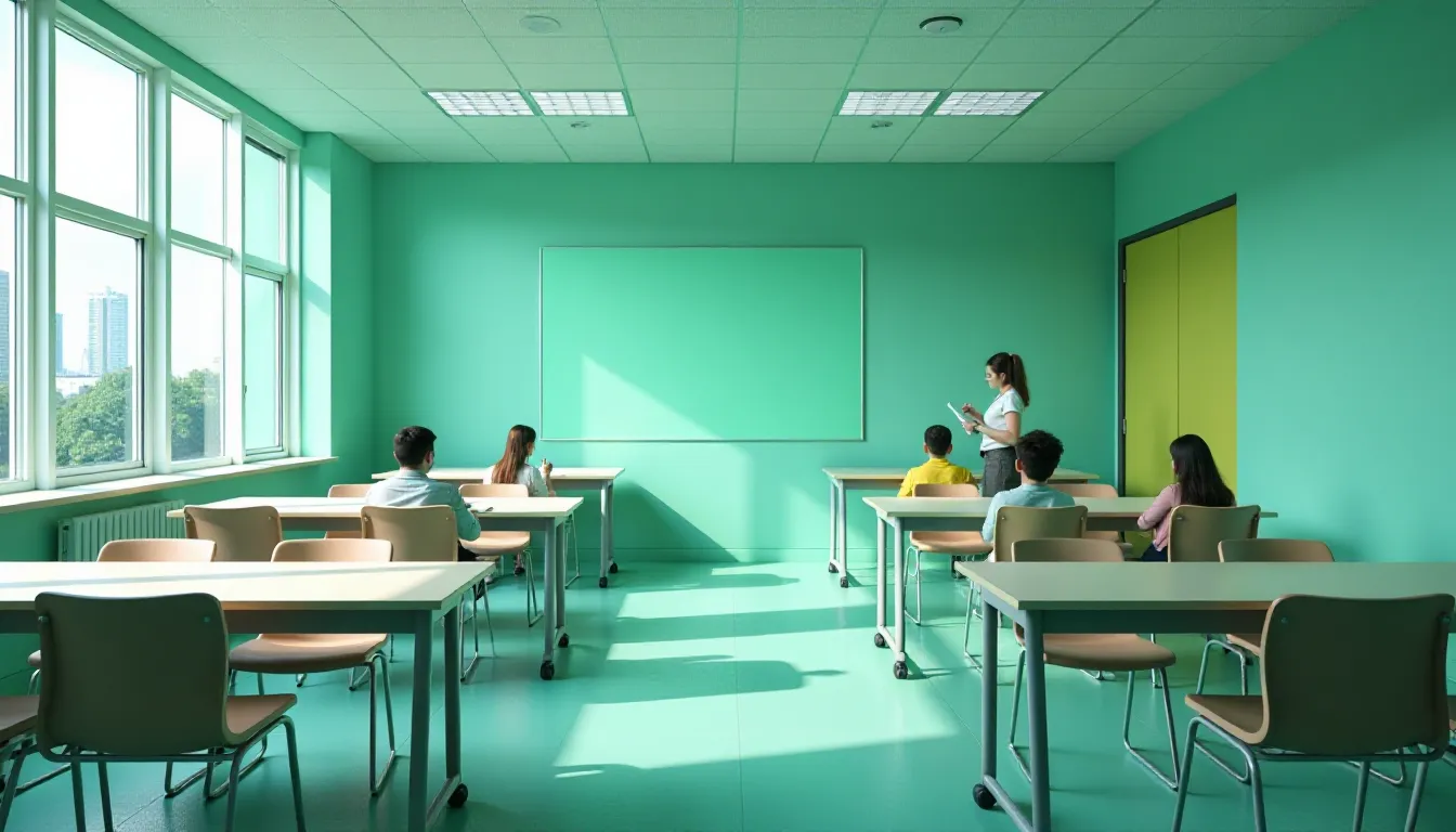 Sala de aula moderna com paredes verdes, mesas e cadeiras dispostas para alunos, enquanto uma professora orienta os estudantes. A iluminação natural entra pelas janelas amplas, criando um ambiente estimulante para o aprendizado.