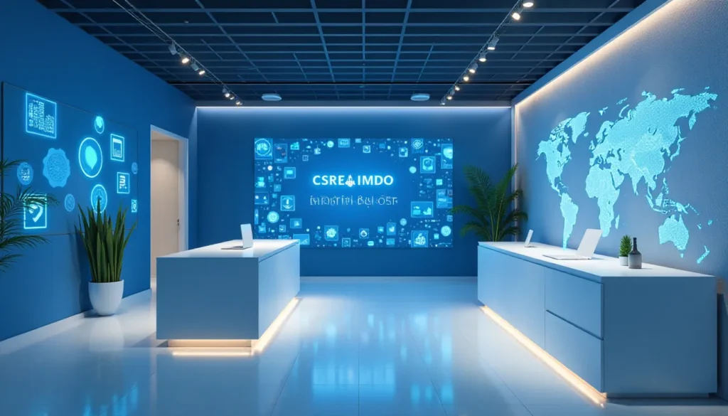 Escritório moderno com paredes azuis e iluminação suave, destacando um grande painel digital com ícones tecnológicos e um mapa-múndi iluminado. Móveis brancos minimalistas e plantas decorativas criam um ambiente inovador e acolhedor.