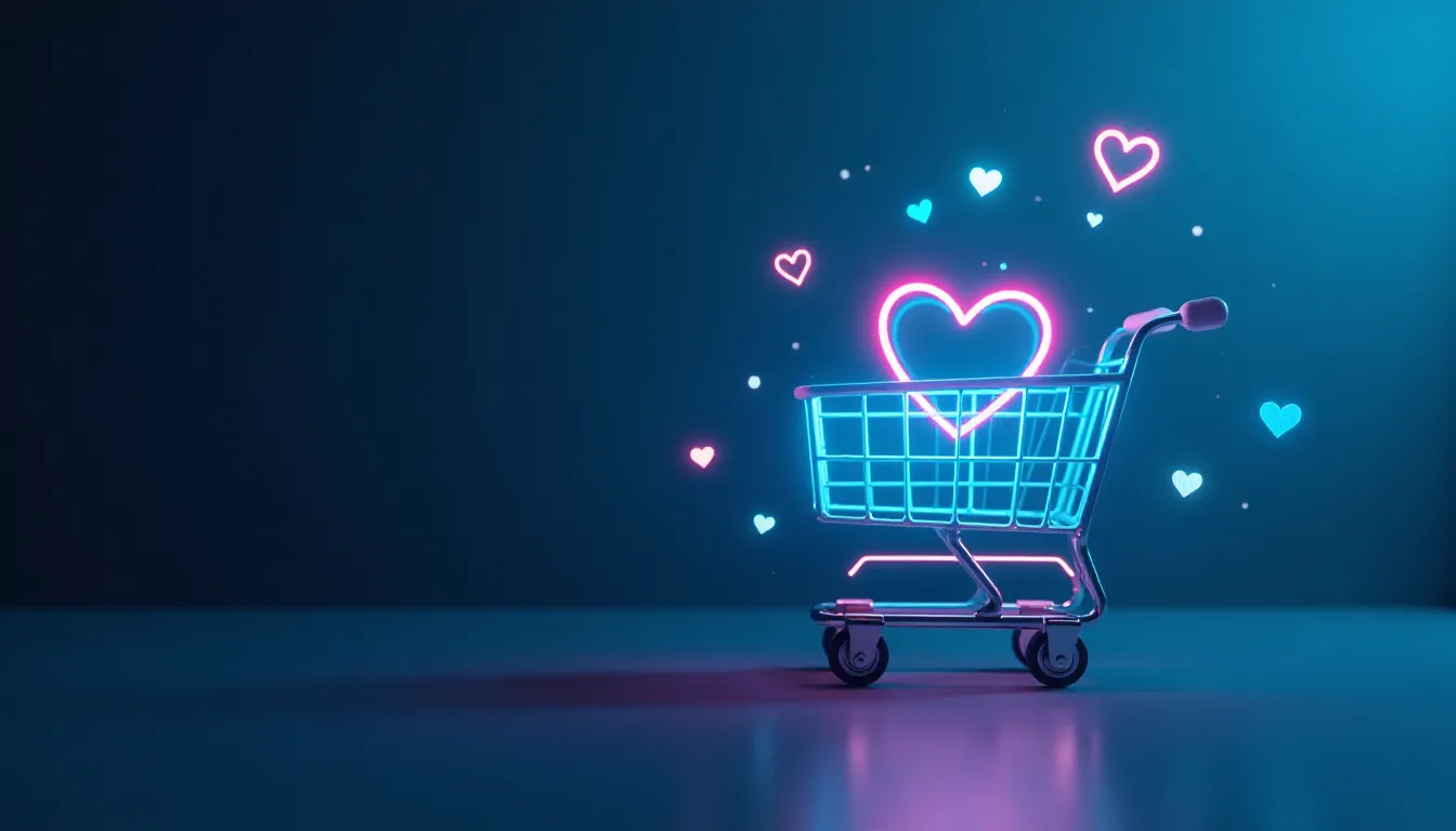 Carrinho de compras iluminado em neon com corações flutuantes ao fundo, simbolizando amor e compras online.